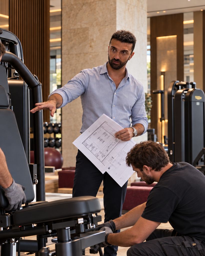 Matteo esamina la planimetria di una palestra mentre vengono installate le attrezzature