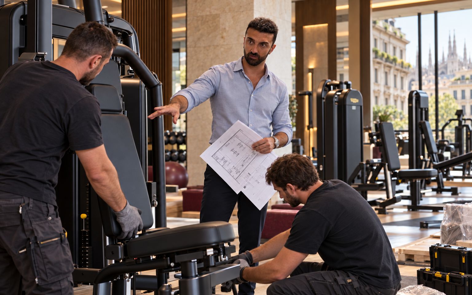 Matteo reviewing a gym layout drawing while equipment is installed